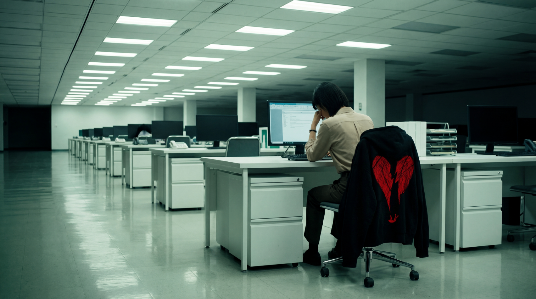 Fell Out Of Love collection hoodie graphic back in clinical office setting
