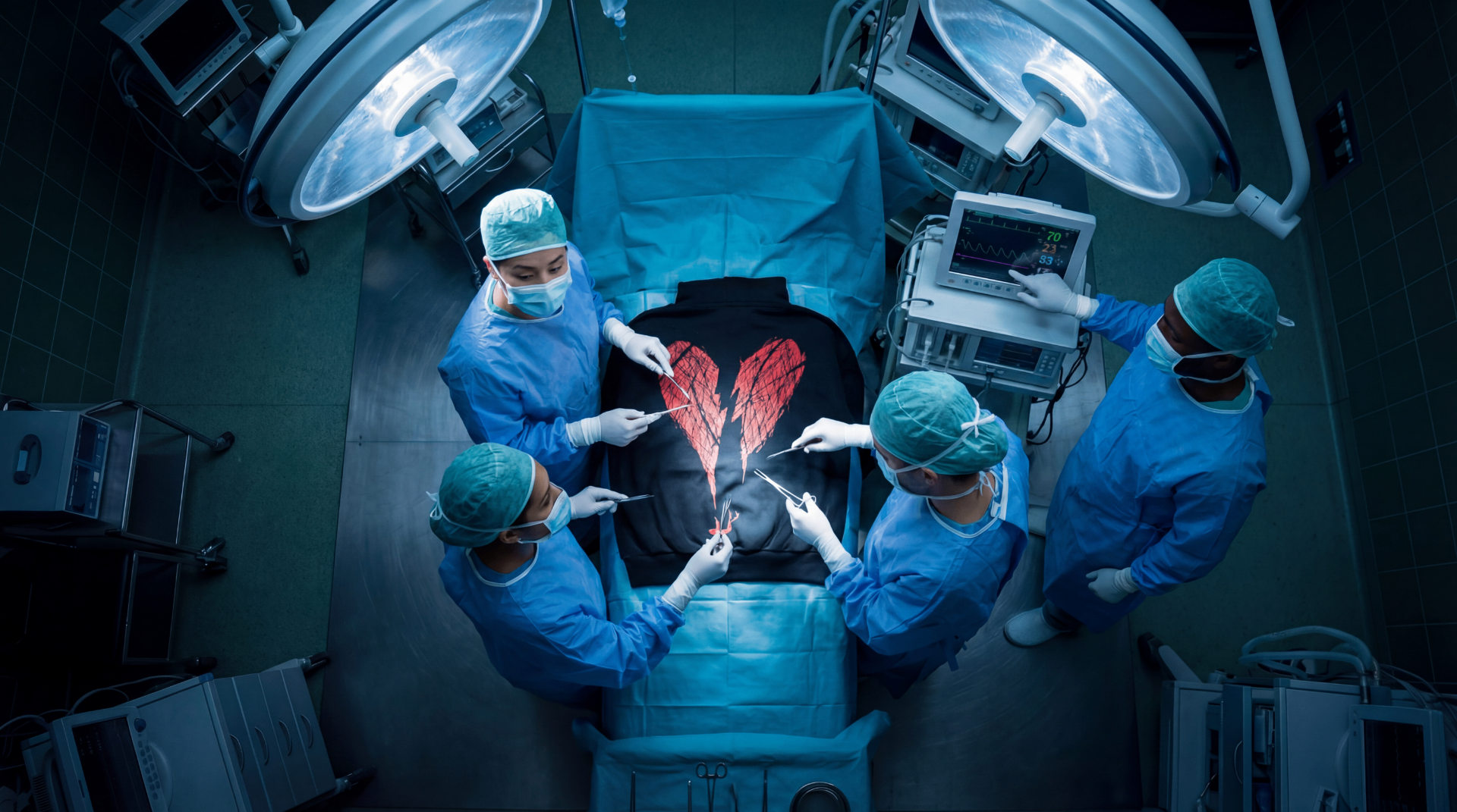 Streetwear hoodie with red broken heart graphic on surgery table under hospital operating lights